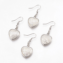 White Natural White Shell Dangle Earrings, with Platinum Tone Brass Findings, Heart, White, 43.5mm, Pin: 0.7mm