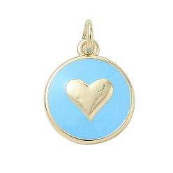 Темно-Голубой Латунь эмаль подвески, стойки покрытие, долговечный, без свинца и без кадмия, реальный 18 k позолоченный, плоский круглый с подвеской в виде сердца, с целью перехода в кольце, глубокое синее небо, 15.5x13x2.5 мм, отверстие : 3.2 мм