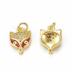 Red Brass Micro Pave Cubic Zirconia Charms, with Jump Ring & Enamel Evil Eye, Fox Head Charm, Golden, Red, 13.5x10x3mm, Hole: 3mm