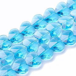 Deep Sky Blue Transparent Glass Beads, Faceted, Heart, Deep Sky Blue, 14x14x8.5mm, Hole: 1mm