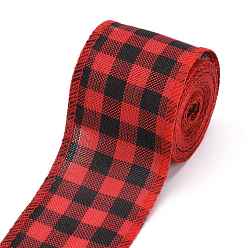 Red Polyester Imitation Linen Ribbon, Linen Wired Edge Ribbon, Tartan Pattern, for DIY Crafts, Christmas, Wedding, Home Decoration, Red, 2-3/8 inch(60mm), 5m/roll(5.5 yards/roll)