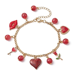 Red Valentine's Day Alloy Enamel & Resin Charm Bracelet, Heart & Rose & Lip Bracelets with 304 Stainless Steel Chains, Red, 7-3/8 inch(18.7cm), Chain Extender: 60mm