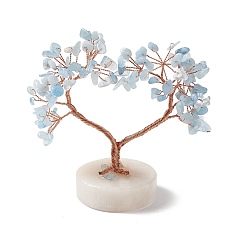 Aquamarine Natural Aquamarine Chips and Natural White Jade Pedestal Display Decorations, with Rose Gold Plated Brass Wires, Lucky Tree, 52~56x95~110x91~108mm
