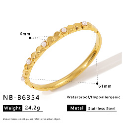 Золотой 316 Браслеты на шарнирах из хирургической нержавеющей стали и искусственного жемчуга для женщин, круглые, кремово-белые, золотые, внутренний диаметр: 2.40 дюйм (6.1 см)