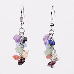 Mixed Stone Natural Gemstone Dangle Earrings, Cluster Earrings, with Metal Findings, Platinum, 42mm, Pin: 0.7mm