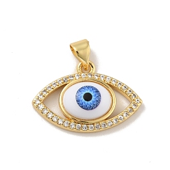 Royal Blue Brass Micro Pave Cubic Zirconia Pendants, with Acrylic, Cadmium Free & Lead Free, Long-Lasting Plated, Evil Eye, Real 18K Gold Plated, Royal Blue, 15x22.5x6mm, Hole: 4x3.5mm