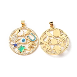 Real 18K Gold Plated Rack Plating Brass Micro Pave Cubic Zirconia Pendants, with Enamel, Long-Lasting Plated, Cadmium Free & Lead Free, Flat Round with Evil Eye, Real 18K Gold Plated, 30x27x3mm, Hole: 4.3x3.5mm