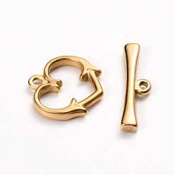 Golden Ion Plating(IP) 304 Stainless Steel Toggle Clasps, Heart, Golden, Heart: 15x15.5x2mm, Hole: 1.6mm, Bar: 21x6x2.5mm, Hole: 1.5mm