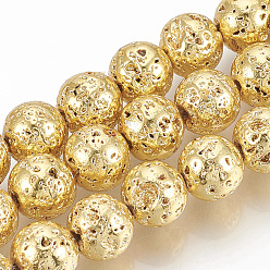 Golden Plated Electroplated Natural Lava Rock Beads Strands, Round, Bumpy, Golden Plated, 12~13mm, Hole: 1mm, about 31pcs/strand, 15.7 inch