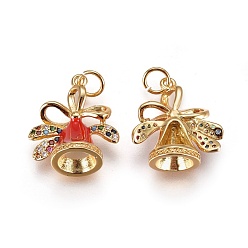 Golden Brass Micro Pave Cubic Zirconia Pendants, with Enamel and Jump Ring, Christmas Bell, Red, Golden, 18x16x9mm, Hole: 3.5mm