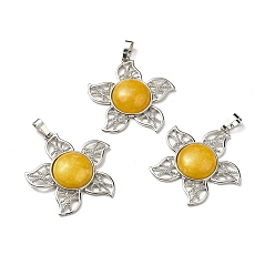 Yellow Jade Natural Yellow Jade Pendants, Flower Charms, with Rack Plating Platinum Tone Brass Findings, Cadmium Free & Lead Free, 38x37x7~7.5mm, Hole: 8x5mm
