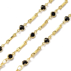 Black Cubic Zirconia Flat Round Link Chains, with Real 18K Gold Plated Brass Findings, Soldered, with Spool, Black, 4x8x1.5mm