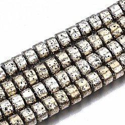 Light Goldenrod Yellow Electroplated Natural Lava Rock Beads Strands, Flat Round, Bumpy, Light Goldenrod Yellow, 8.5x6mm, Hole: 1mm, about 67pcs/strand, 15.63 inch(39.7cm)