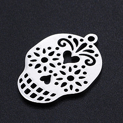 Stainless Steel Color 201 Stainless Steel Pendants, Filigree Joiners Findings, Laser Cut, Sugar Skull, For Mexico Holiday Day of The Dead, Stainless Steel Color, 22x16x1mm, Hole: 1.4mm