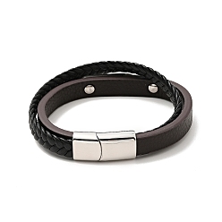 Coconut Brown Microfiber Leather Braided Double Loops Multi-strand Bracelet with 304 Stainless Steel Magnetic Clasp for Men Women, Coconut Brown, 8-5/8 inch(22cm)