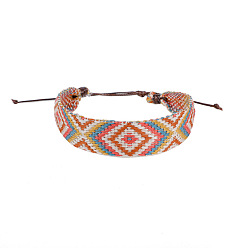 Rhombus Cotton Flat Cord Bracelet with Wax Ropes, Braided Ethnic Tribal Adjustable Bracelet for Women, Rhombus, 7-1/4 inch(18.5cm)
