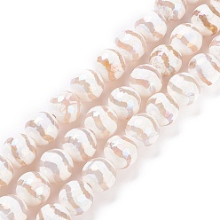 Beige Electroplate Tibetan Style Striped dZi Beads, Natural Agate Beads Strands, Round, Faceted, Beige, 8mm, Hole: 1.2mm, about 47pcs/strand, 14.88 inch(37.8cm)
