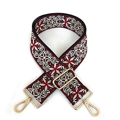 Dark Red Polyester Jacquard Flower Bag Straps, with Golden Plated Alloy Swivel Clasps, Dark Red, 80~130x5cm