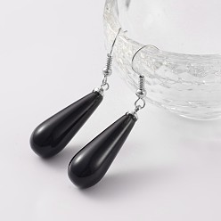 Black Agate Teardrop Platinum Tone Brass Natural Black Agate Dangle Earrings, 47mm, Pin: 0.7mm