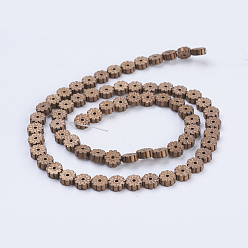 Copper Plated Electroplate Non-magnetic Synthetic Hematite Beads Strands, Frosted, Flat Round with Flower, Copper Plated, 6x2mm, Hole: 1mm, about 66pcs/strand, 15.9 inch(40.5cm)