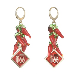 Red Hot Pepper Lampwork Dangle Leverback Earrings, Spring Festival Theme FU Character Alloy Enamel Cluster Earrings, Red, 56x18mm