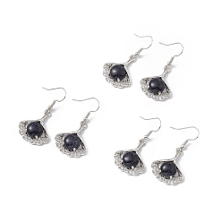 Синий Драгоценный Камень Серьги с подвесками из синтетического голубого золота и листьев гинкго с кристаллами и стразами, платиновые латунные украшения для женщин, 40 мм, штифты : 0.6 мм