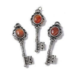 Red Agate Ключ латунный натуральный красный агат большие подвески, с целью перехода в кольце, античное серебро, окрашенная и подогревом, 55.5x16.5x5~6.5 мм, отверстие : 4.5 мм