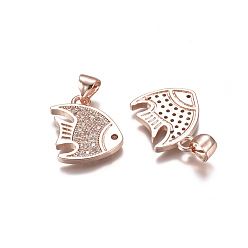 Розовое Золото Латунные микропаве прозрачные подвески с фианитом, рыба, прозрачные, розовое золото , 17x16.5x1.7 мм, отверстие : 3x4 мм