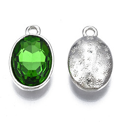 Green Alloy Glass Pendants, Faceted, Oval, Platinum, Cadmium Free & Lead Free, Green, 19x12x6mm, Hole: 1.8mm