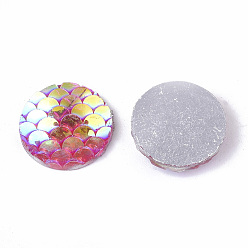 Deep Pink Resin Cabochons, AB-Color, Flat Round with Mermaid Fish Scale, Deep Pink, 12x3mm