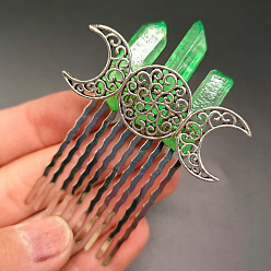 Medium Spring Green Moon Natural Dyed Quartz Hair Combs, with Alloy Combs, Hair Accessories for Women Girls, Medium Spring Green, 100x100mm