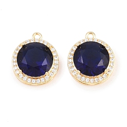 Azul Micro latón allanan colgantes cúbicos del zirconia, encantos redondos, real 18 k chapado en oro, azul, 15.5x13x6.5 mm, agujero: 1.2 mm