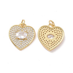 Clear Heart Brass Micro Pave Cubic Zirconia Pendants, with Jump Rings, Cadmium Free & Nickel Free & Lead Free, Real 18K Gold Plated, Clear, 18x17x4mm, Hole: 3mm