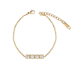 Clear Rectangle Cubic Zirconia Link Bracelets, with Golden Stainless Steel Cable Chains, Clear, no size