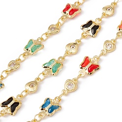 Colorful Handmade Eco-friendly Brass Butterfly & Heart Link Chain, with Cubic Zirconia & Glass Beaded, Real 18K Gold Plated, Lead Free & Cadmium Free, Soldered, with Spool, Colorful, 11x7x2mm, 8x5x2mm