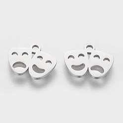 Stainless Steel Color 201 Stainless Steel Charms, Mardi Gras Charms, Drama Mask, Stainless Steel Color, 10x13x1mm, Hole: 1.5mm