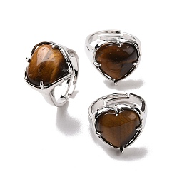 Тигровый глаз Регулируемое кольцо с сердцем из натурального тигрового глаза, украшения из латуни для женщин, без свинца и без кадмия, платина, внутренний диаметр: 16.5~21 мм