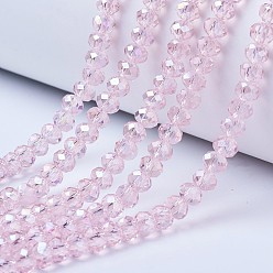 Pink Electroplate Glass Beads Strands, AB Color Plated, Faceted, Rondelle, Pink, 10x8mm, Hole: 1mm, about 65~66pcs/strand, 20.8~21.2 inch(53~54cm)