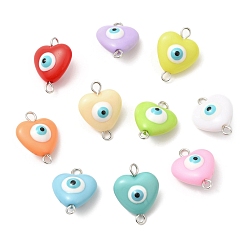 Platinum Evil Eye Resin Connector Charms, Heart Links with Brass Loops, Mixed Color, Platinum, 18.5x14x8.5mm, Hole: 1.8x2mm