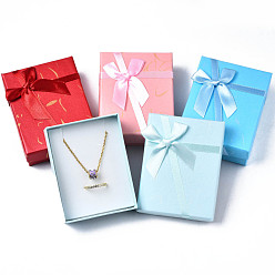 Mixed Color Cardboard Jewelry Set Box, with Bowknot Ribbon Outside and White Sponge Inside, Rectangle with Leaf Pattern, Mixed Color, 9.2x7.1x3.1cm