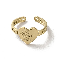 Golden Valentine's Day 304 Stainless Steel Heart Open Cuff Rings, Jewely for Women, Word Love You, Golden, Inner Diameter: 18mm