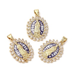 Синий Овальные подвески с латунными микропаве Девы Марии и кубическими циркониями, с эмалью и ракушкой, долговечный, без свинца и без кадмия, реальный 18 k позолоченный, синие, 25x18.5x3 мм, отверстие : 5x3.5 мм