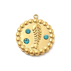 Аквамарин 304 из нержавеющей стали горный хрусталь подвески, плоский круглый с подвесками в виде рыбьей кости, ионное покрытие (ip), реальный 14 k позолоченный, аквамарин, 20.5x18x3 мм, отверстие : 1.4 мм
