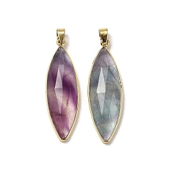 Флюорит Подвески из натурального флюорита с огранкой, латунные подвески в виде конского глаза, без кадмия и без свинца, 42.5~43x13x6~6.5 мм, отверстие : 5.5x4 мм