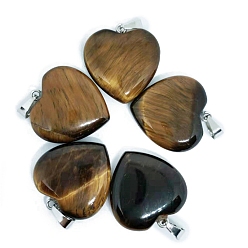 Tiger Eye Valentine's Day Natural Tiger Eye Pendants, Heart Charms with Platinum Plated Metal Snap on Bails, 20mm