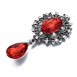 Red Alloy Flat Back Cabochons, with Acrylic Rhinestones, Oval and Teardrop, Antique Silver, Faceted, Red, 59x29x6mm