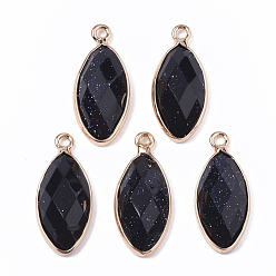 Blue Goldstone Synthetic Blue Goldstone Pendants, with Golden Plated Edge Brass Findings, Faceted, Horse Eye, 20x9x5mm, Hole: 1.2mm