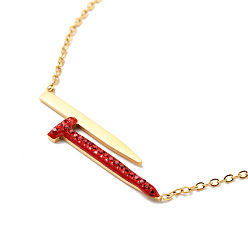 Ruby Rhinestone Nail Shape Pendant Necklace, Gold Plated 304 Stainless Steel Jewelry for Women, Ruby, 17.52 inch(44.5cm)