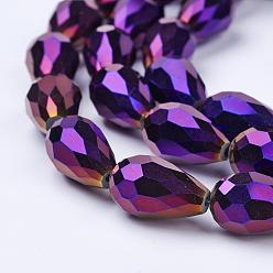 Purple Plated Electroplate Glass Beads Strands, Faceted, teardrop, Purple Plated, 15x10mm, Hole: 1mm, about 50pcs/strand, 27.1 inch
