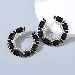 black Sparkling Rhinestone Earrings for Women, Alloy Claw Chain Glass Diamond Water Drill Circle Shape Exaggerated Trendy Evening Jewelry